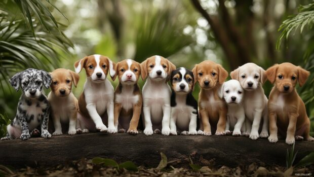 A group of mixed breed rescue puppies posing together in a natural outdoor setting.