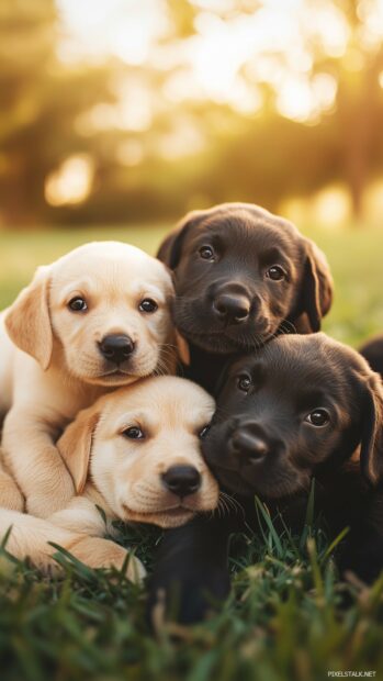 A group of playful Labrador Retriever puppies tumbling over each other on a grassy lawn.