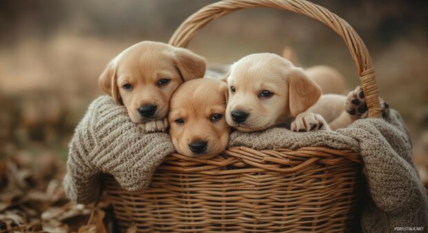 A group of puppies cuddling together in a wicker basket.