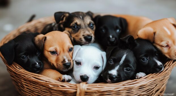 A group of puppies cuddling together in a wicker basket, Black and white Dogs Image.