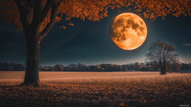 A harvest moon in warm orange hues, rising over a quiet autumn landscape.