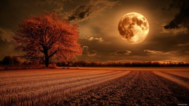 A harvest moon in warm orange hues, rising over a quiet autumn landscape with fields and trees glowing under its light.