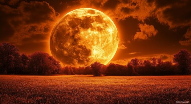 A harvest moon in warm orange hues, rising over a quiet autumn landscape with fields and trees glowing under its light.