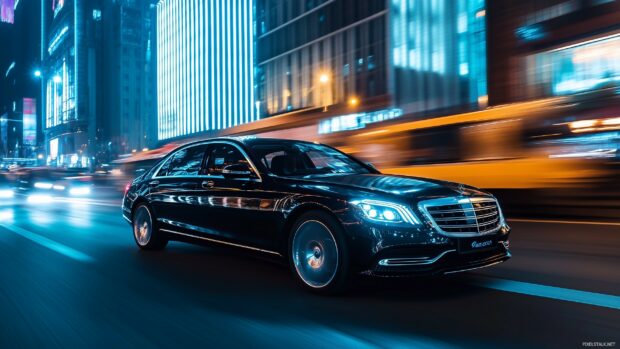 A high end luxury sedan driving through a vibrant city at night, Supercar Wallpaper HD.