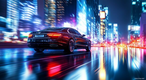 A high end luxury sedan driving through a vibrant city at night with lights reflecting on its polished surface.