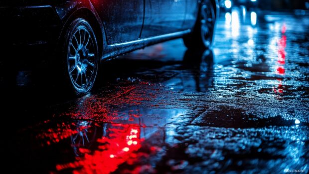 A high performance police car parked on a dark city street with flashing red and blue lights.