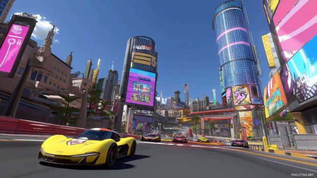 A high tech city desktop wallpaper with towering holographic advertisements, sleek vehicles.