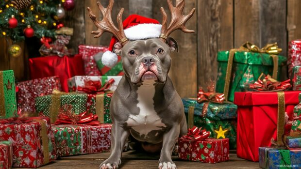 A hilarious moment captured of a dog wearing reindeer antlers and a Santa hat, looking confused while surrounded by wrapped presents.