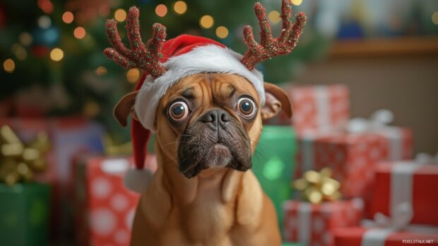 A hilarious moment captured of a dog wearing reindeer antlers and a Santa hat, looking confused while surrounded by wrapped presents and a festive backdrop.