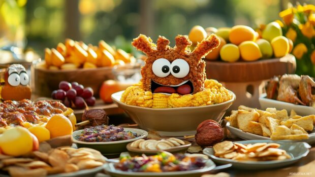 A humorous Thanksgiving table with food items having funny faces and expressions.