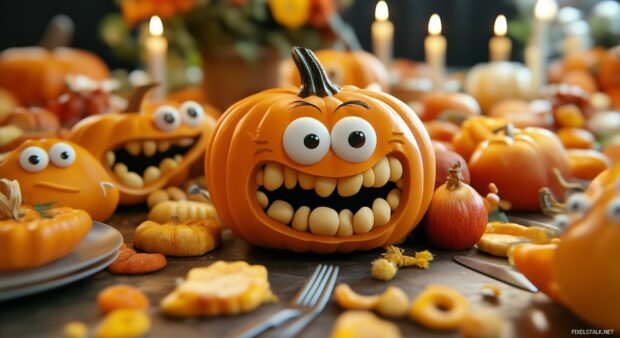 A humorous Thanksgiving table with food items having funny faces and expressions.