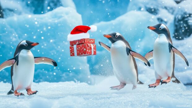 A humorous portrayal of a penguin wearing a Santa hat, slipping on ice while trying to carry a stack of gifts.