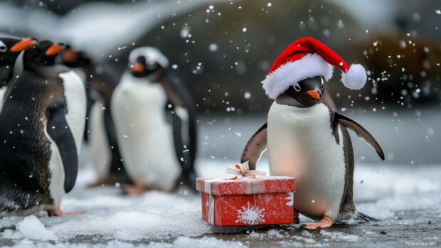 A humorous portrayal of a penguin wearing a Santa hat, slipping on ice while trying to carry a stack of gifts, with other penguins watching in amusement.