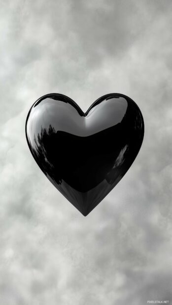 A large, glossy black heart centered against a soft gray background.