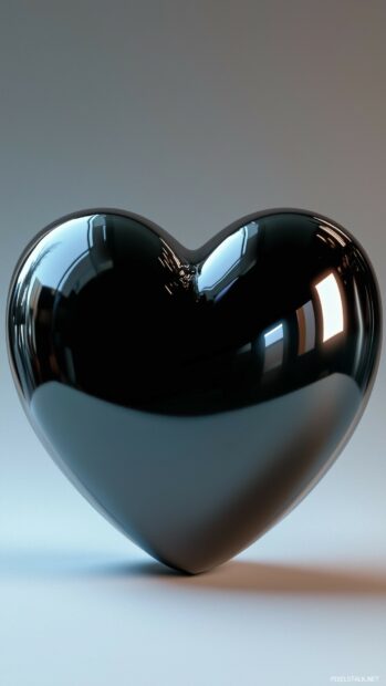 A large, glossy black heart centered against a soft gray background, with subtle highlights to create depth and a sleek, modern aesthetic.