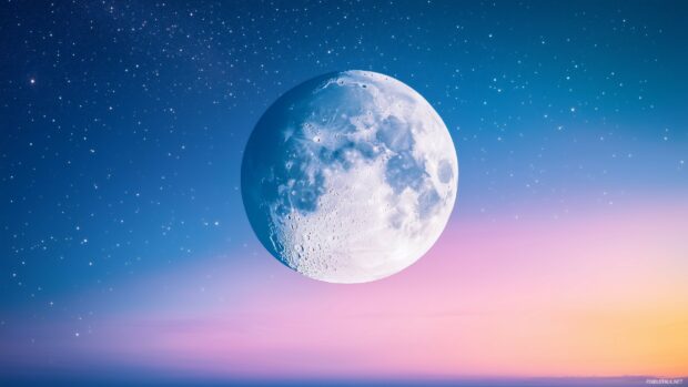 A large, illuminated moon centered on a sleek sky with subtle shades of blue and purple star.