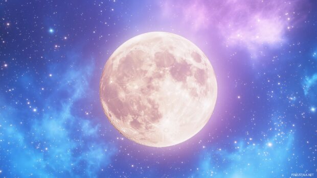 A large, softly illuminated moon centered on a sleek, minimal sky with subtle shades of blue and purple, surrounded by minimalist star patterns.