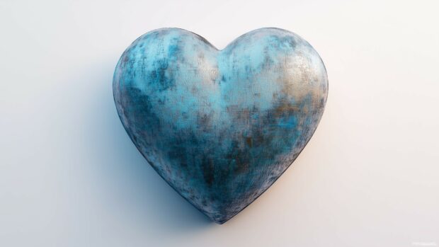 A large, textured blue heart centered against a soft white background, with subtle shadowing to create depth and an elegant aesthetic.