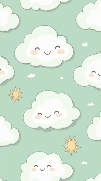 A light green iPhone wallpaper adorned with cute cartoon style clouds and smiling suns, creating a bright and cheerful vibe.