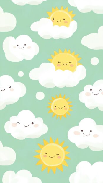 A light green iphone background adorned with aesthetic cartoon style clouds and smiling suns, creating a bright and cheerful vibe.