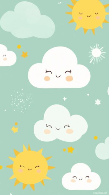 A light green wallpaper adorned with cute cartoon style clouds and smiling suns.