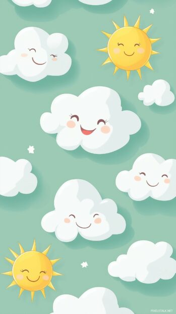 A light green wallpaper iPhone adorned with cute cartoon style clouds and smiling suns.