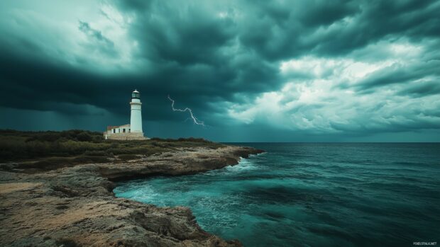 A lighthouse perched on a rocky coastline during a stormy day, with dark clouds and lightning in the background.