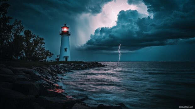 A lighthouse perched on a rocky coastline during a stormy day, with dark clouds and lightning in the background.