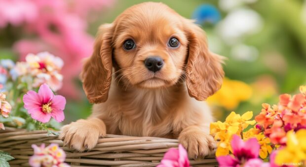 A little puppy with floppy ears, surrounded by colorful flowers.