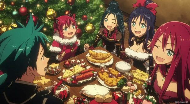 A lively anime Christmas party scene, showcasing characters dressed in festive attire, surrounded by colorful ornaments, holiday treats, and a beautifully lit Christmas tree.