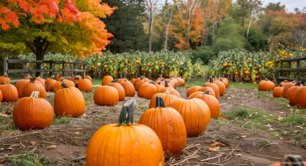 A lively pumpkin patch in autumn, with rows of pumpkins and colorful trees in the background.