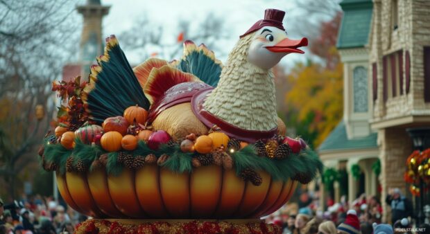 A lively scene from a Thanksgiving parade, with colorful floats, marching bands, and festive decorations.