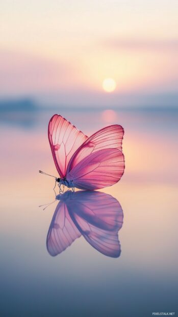 A lone pink butterfly resting on a glassy surface.