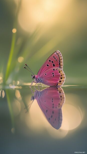 A lone pink butterfly resting on a glassy surface, reflecting its delicate patterns and soft hues under the soft glow of the setting sun.