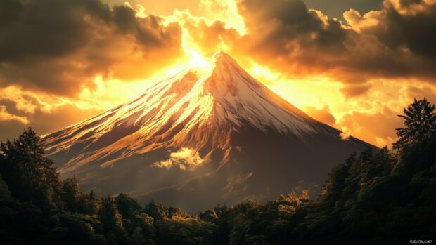 A lone snow capped Mountain glowing in golden sunlight, framed by dark winter clouds.