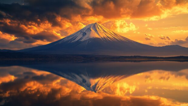 A lone snow capped mountain glowing in golden sunlight, framed by dark winter clouds.