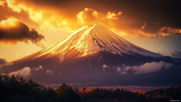 A lone snow capped mountain glowing in golden sunlight, framed by dark winter clouds.