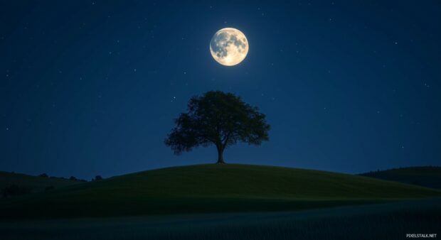 A lone tree standing on a hill, silhouetted against a full moon glowing in a clear night sky, with soft moonlight spreading across the field.