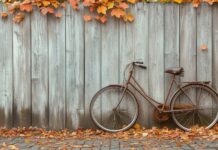 A lone vintage bicycle leaning against an old wooden fence with autumn leaves scattered on the ground.