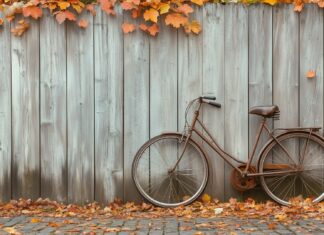 A lone vintage bicycle leaning against an old wooden fence with autumn leaves scattered on the ground.