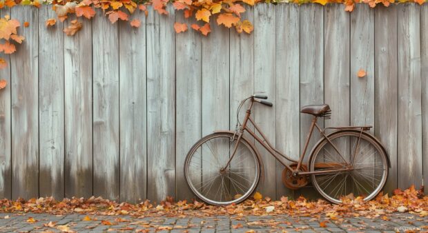 A lone vintage bicycle leaning against an old wooden fence with autumn leaves scattered on the ground.