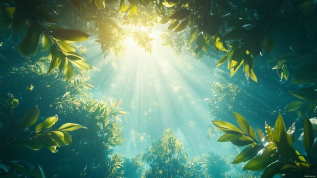 A lush green forest canopy viewed from below, with sunlight filtering through the leaves and casting a vibrant, calming glow.