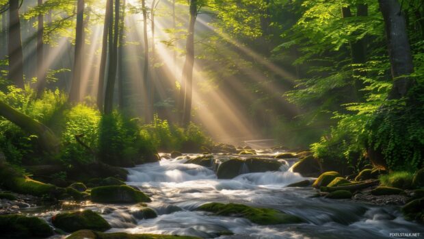 A lush green forest desktop wallpaper 1920x1080 HD with a flowing river and sunlight filtering through the trees.