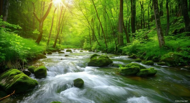 A lush green forest with a flowing river and sunlight filtering through the trees.