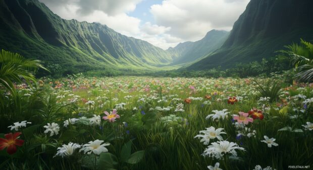 A lush green valley nestled between towering mountains, with wildflowers in full bloom.