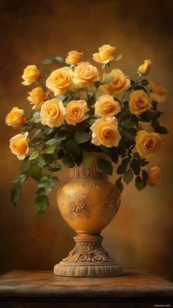 A luxurious arrangement of golden yellow roses in an ornate vintage vase, beautifully lit to create depth and elegance.