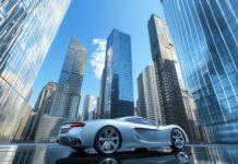 A luxury 3D sports car parked near a glass skyscraper.