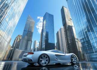 A luxury 3D sports car parked near a glass skyscraper.