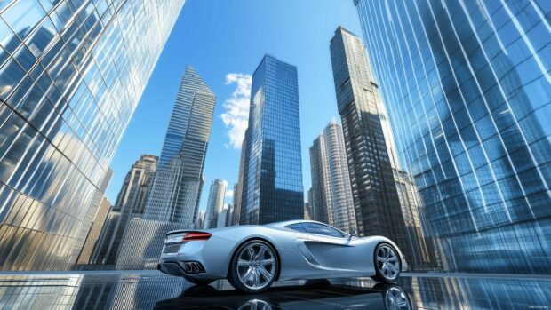 A luxury 3D sports car parked near a glass skyscraper.