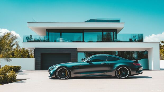 A luxury car parked in front of a modern glass building under a clear blue sky, Car Desktop Wallpaper HD.